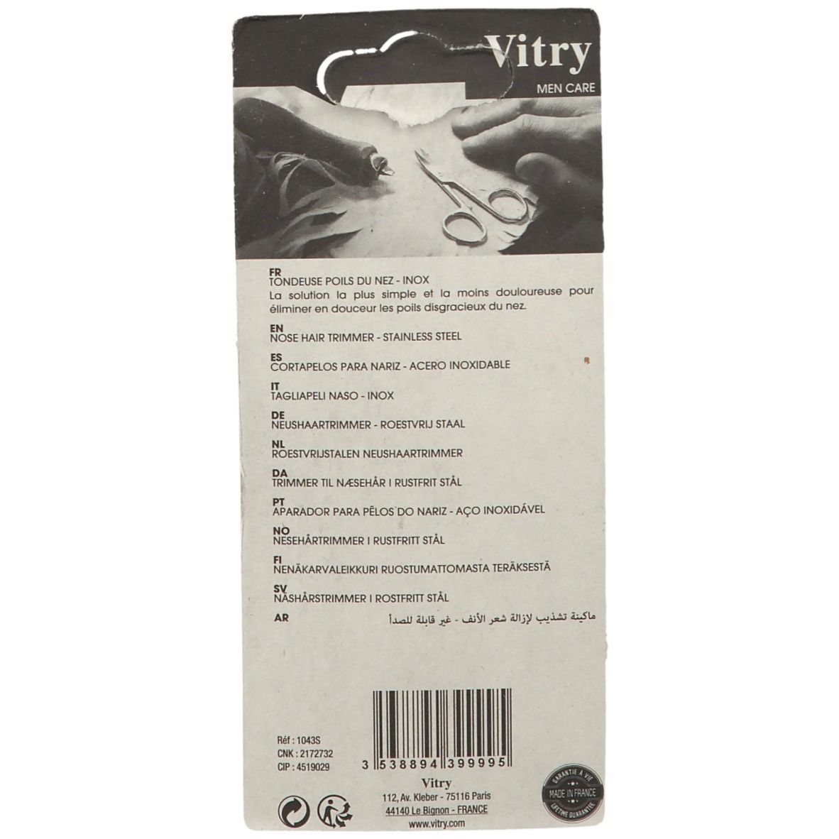 Dos de l'emballage avec informations produit et code-barres. Texte multilingue, logo de la marque.