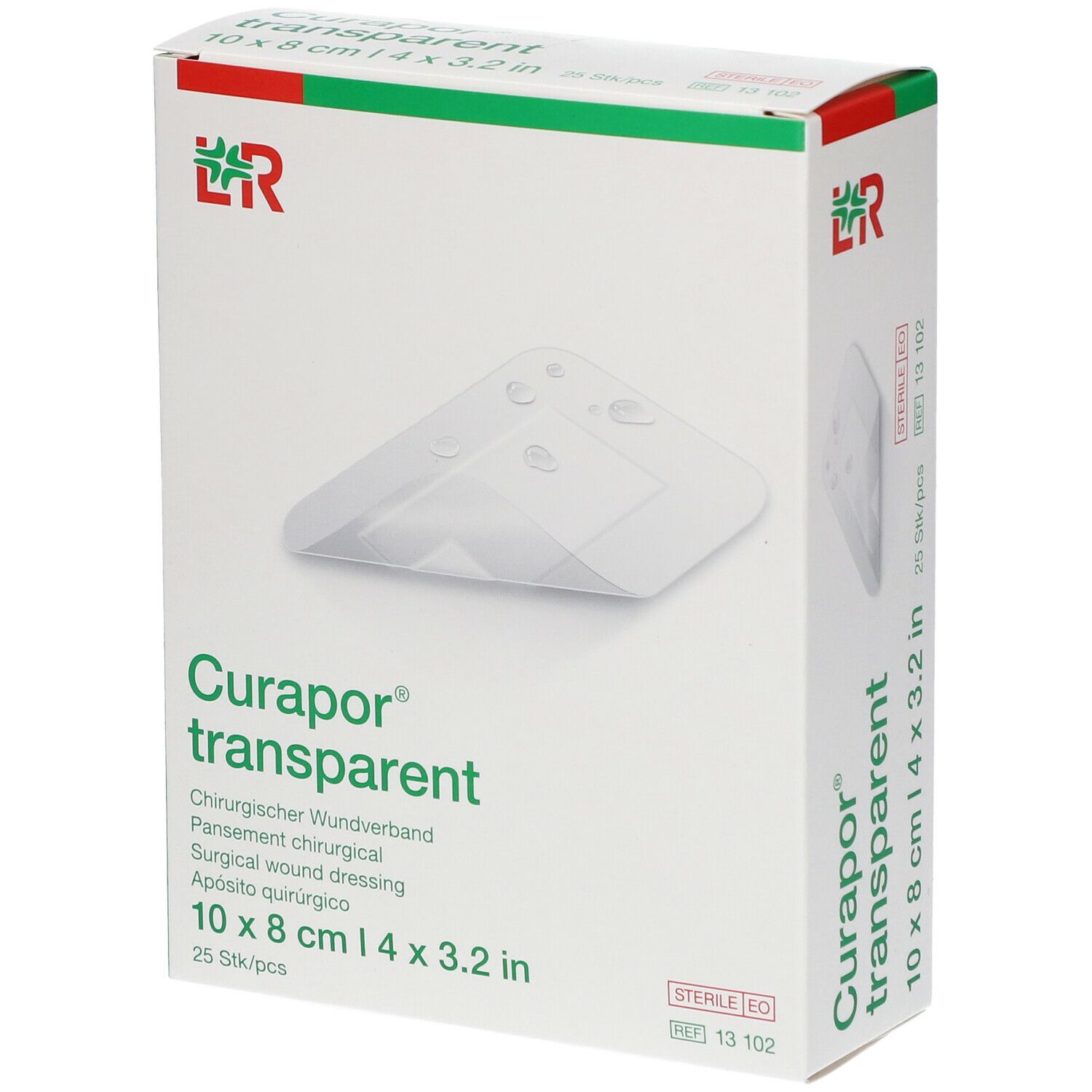 Verpakking van Curapor transparent. Chirurgisch wondverband. 10 x 8 cm. 25 stuks. Steriel EO.