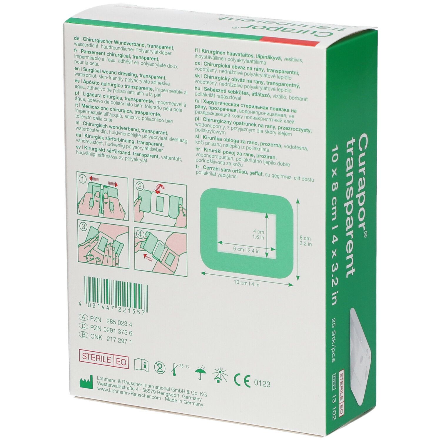 Achterkant van de verpakking van Curapor transparent. Productinformatie, illustraties en afmetingen.