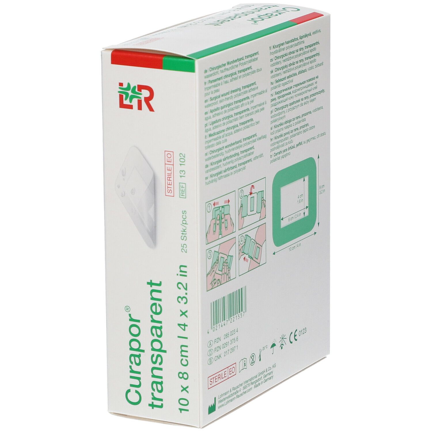 Verpakking van Curapor transparent. Chirurgisch wondverband. 10 x 8 cm. 25 stuks. Steriel EO.