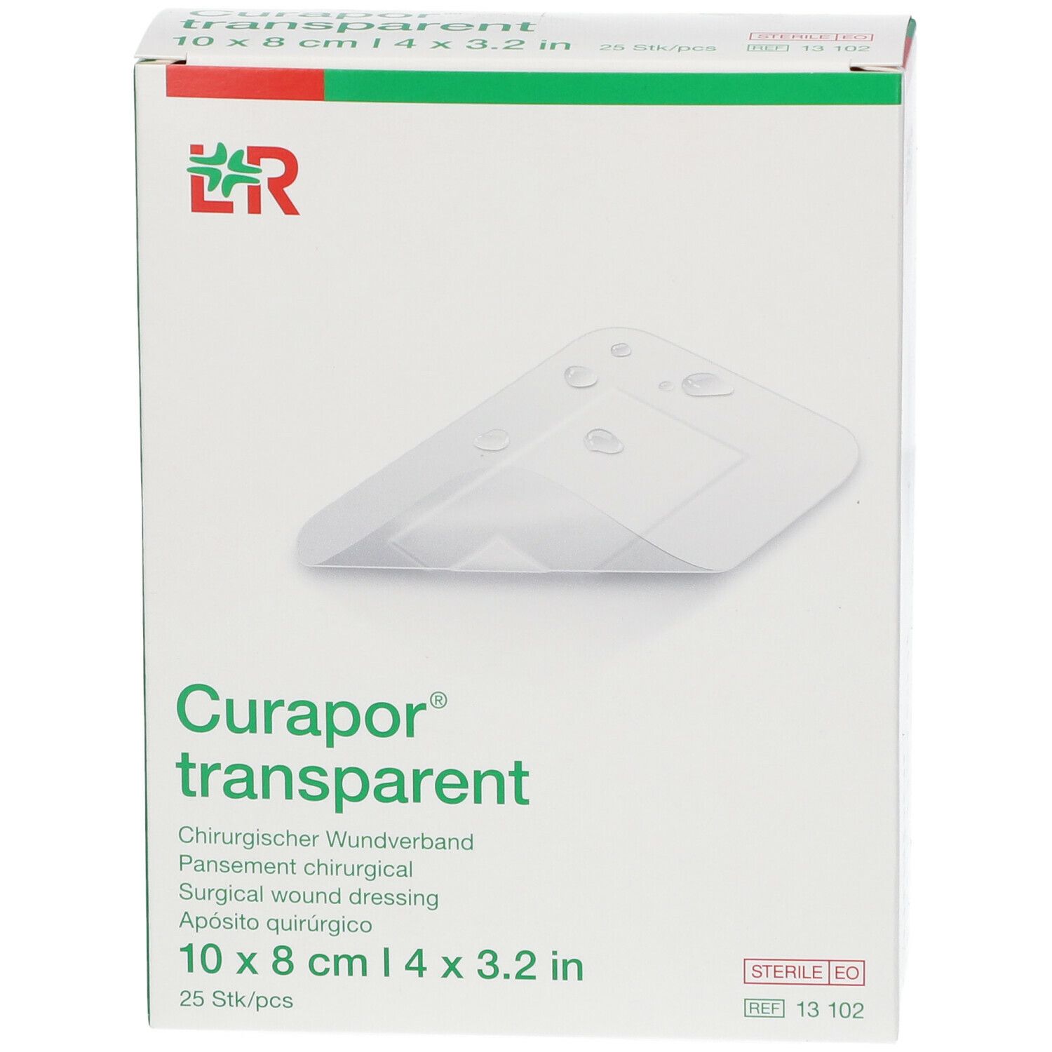 Verpakking van Curapor transparent. Chirurgisch wondverband. 10 x 8 cm. 25 stuks. Steriel EO.