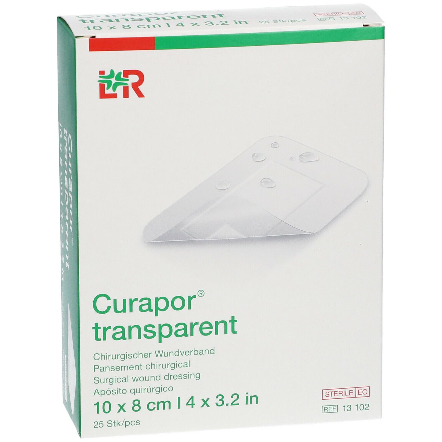 Verpakking van Curapor transparent. Chirurgisch wondverband. 10 x 8 cm. 25 stuks. Steriel EO.
