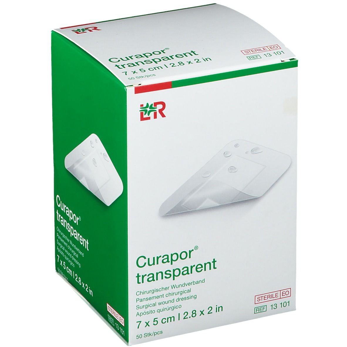 Verpakking van Curapor transparent 7 x 5 cm. Groene en witte doos met productafbeelding en logo.