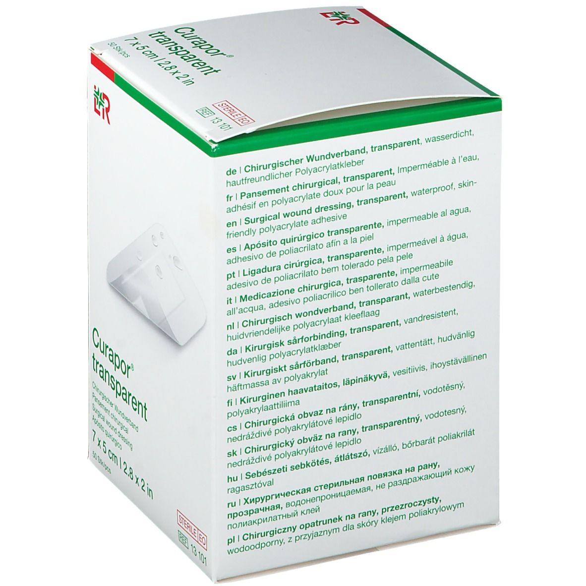 Achterkant van de Curapor transparent verpakking. Meertalige productinformatie en fabrikantgegevens.