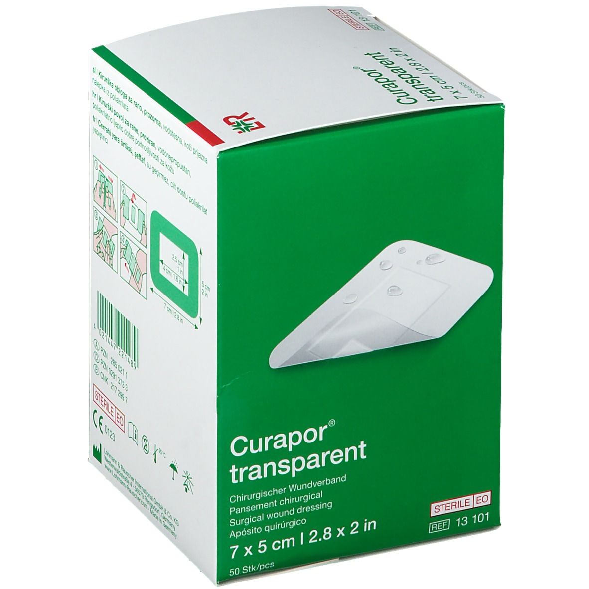 Curapor transparent verpakking. Groene en witte doos met productafbeelding en maat 7 x 5 cm.