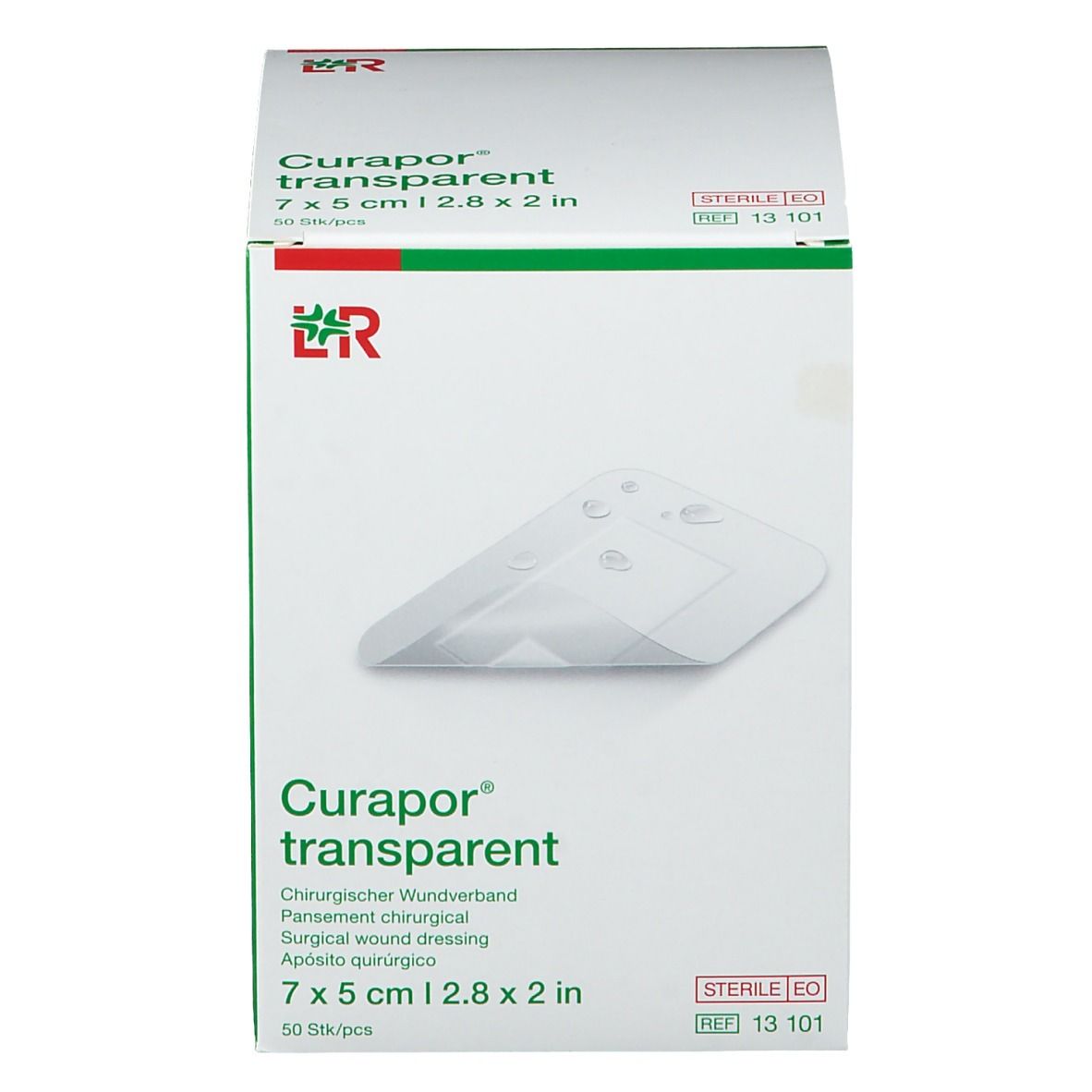 Curapor transparent verpakking. Witte en groene doos met productafbeelding en maat 7 x 5 cm.