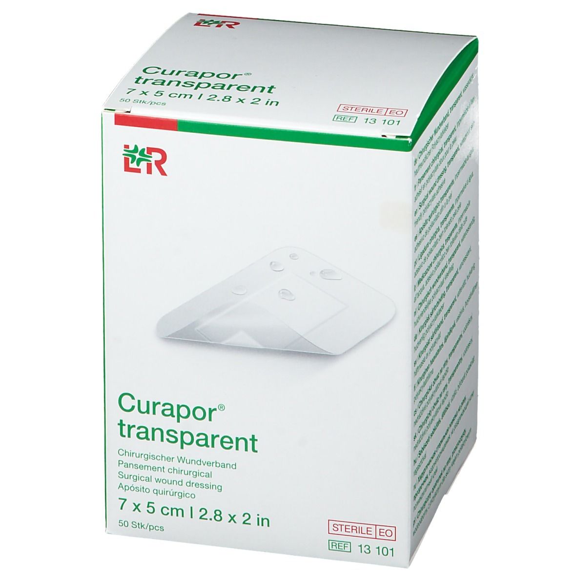 Curapor transparent verpakking. Groene en witte doos met productafbeelding en maat 7 x 5 cm.