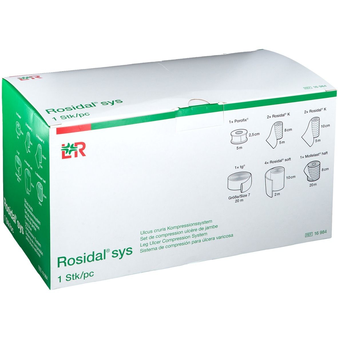 Boîte blanche à bord vert. Inscription Rosidal sys. Contient des bandages. 1 pièce.