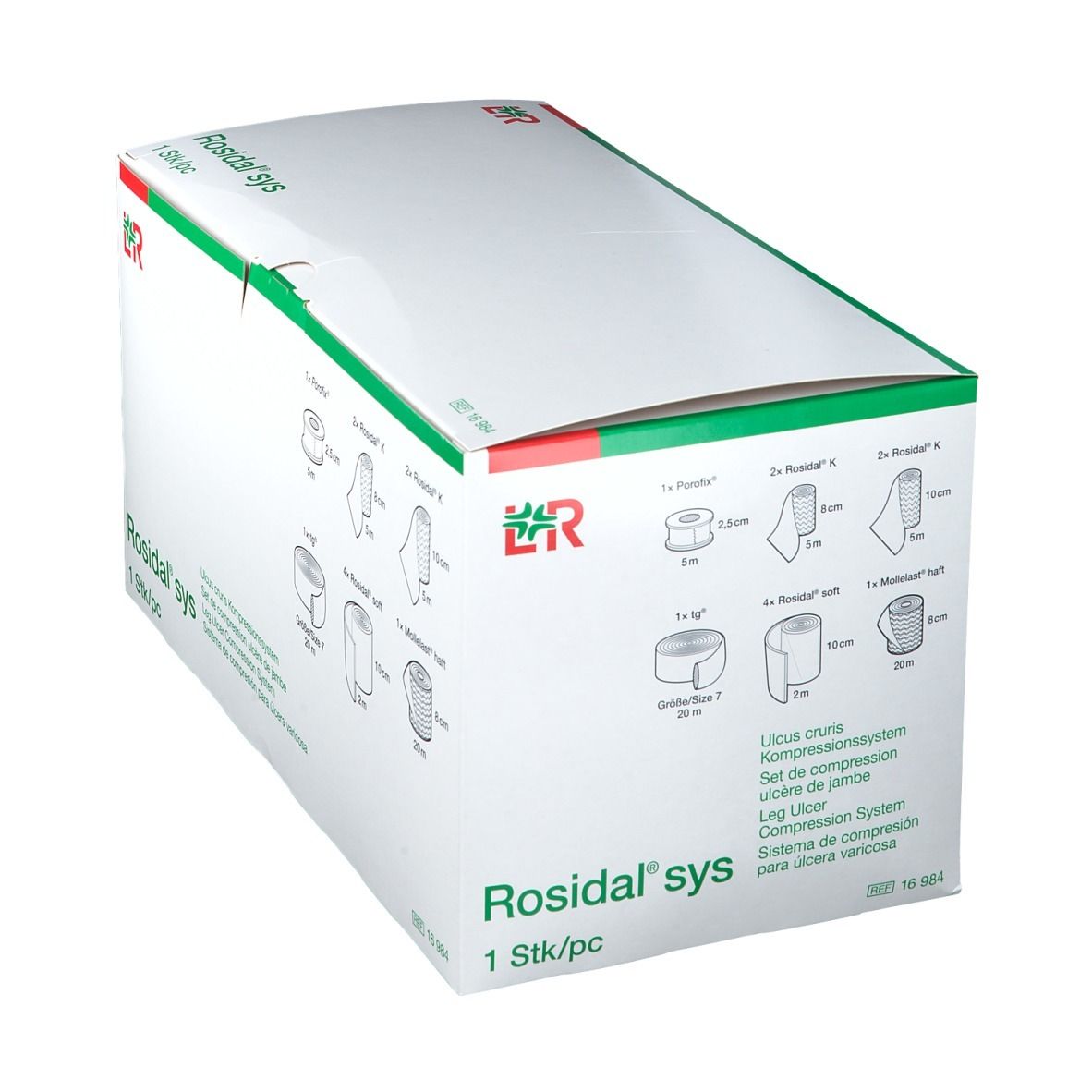Boîte blanche à bord vert. Inscription Rosidal sys. Contient des bandages. 1 pièce.