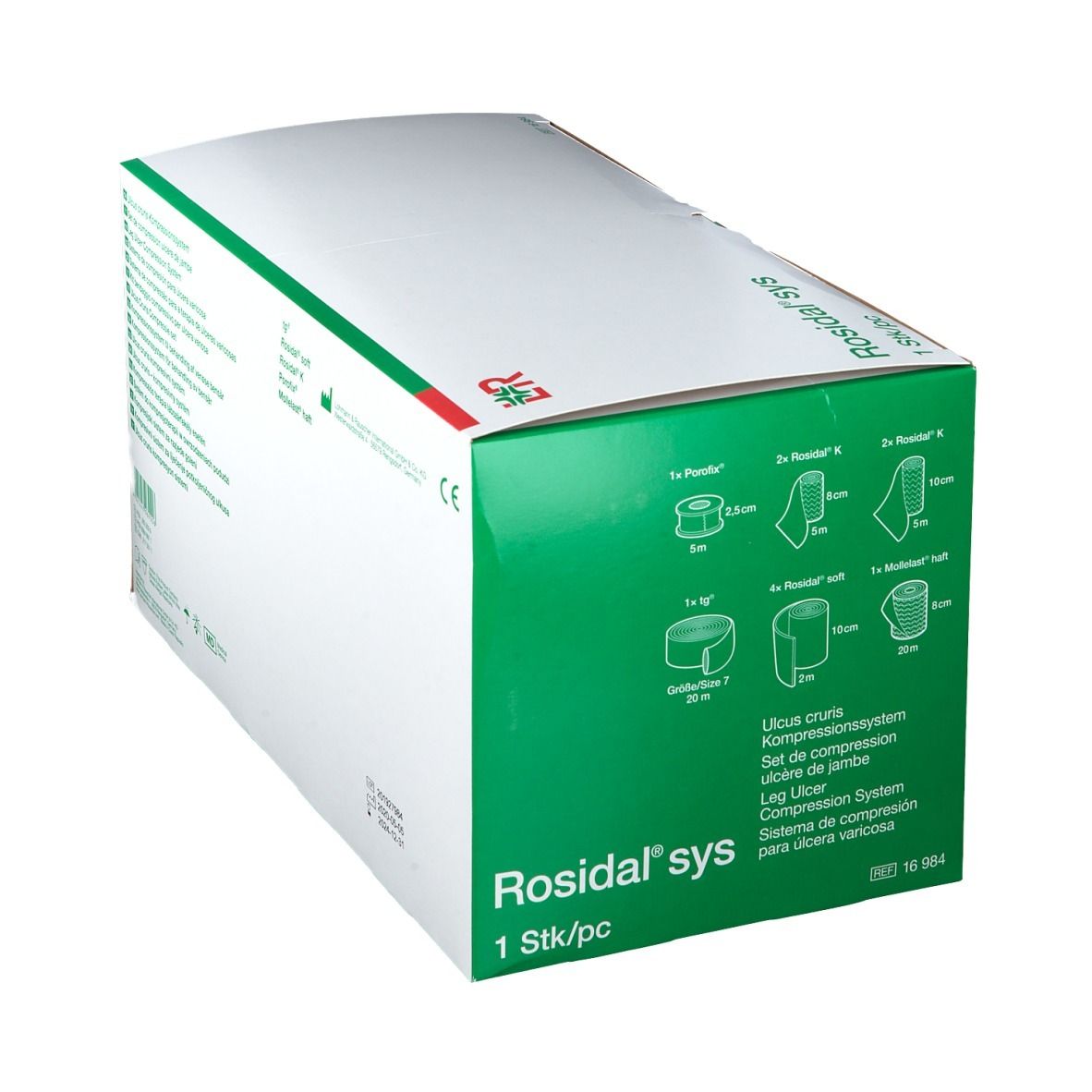 Boîte blanche à bord vert. Inscription Rosidal sys. Contient des bandages. 1 pièce.