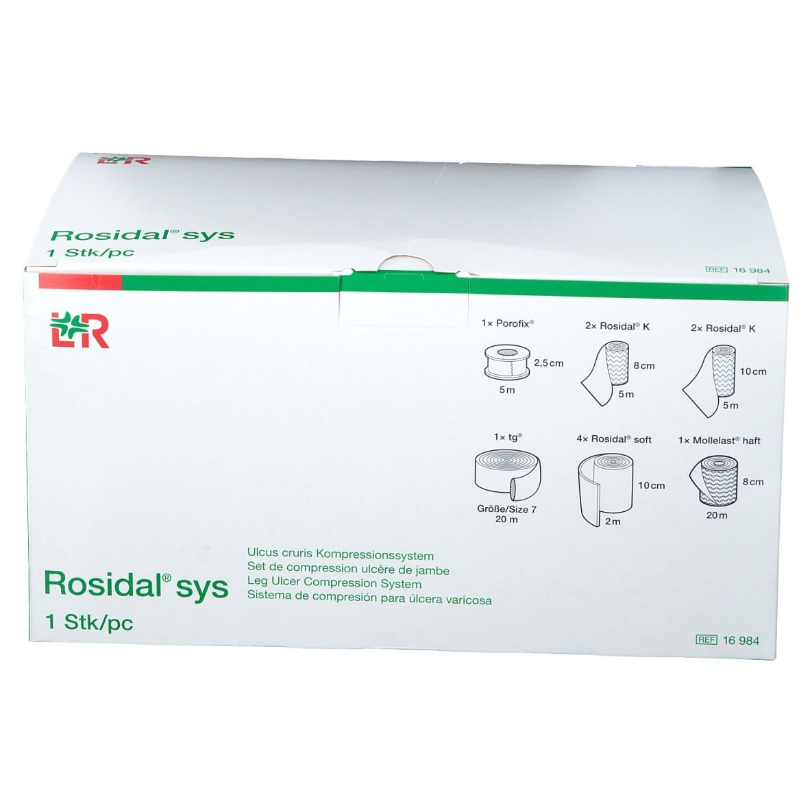 Boîte blanche à bord vert. Inscription Rosidal sys. Contient des bandages. 1 pièce.
