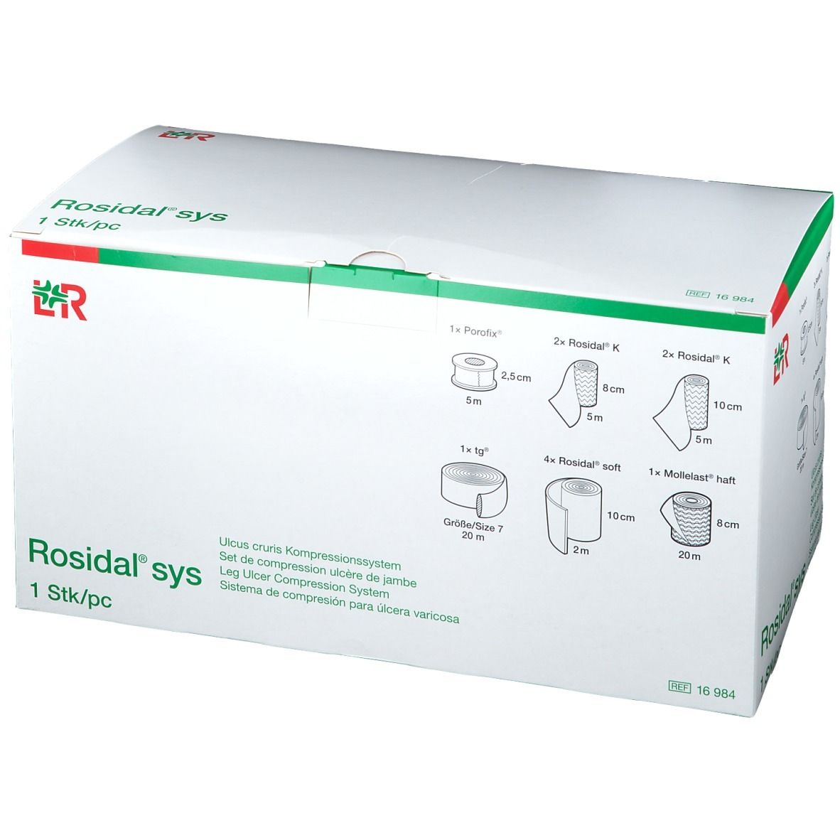 Boîte blanche à bord vert. Inscription Rosidal sys. Contient des bandages. 1 pièce.