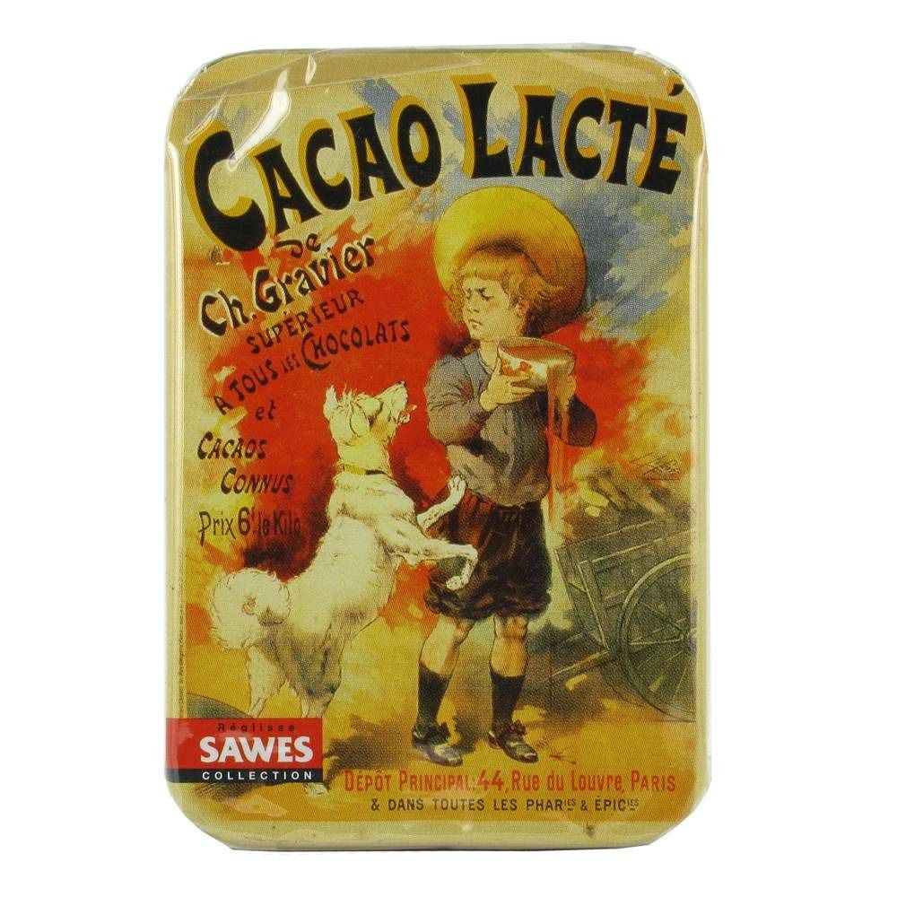 Boîte rectangulaire avec impression. Garçon avec chien. Texte: Cacao Lacte, Ch. Gravier, Sawes Collection.