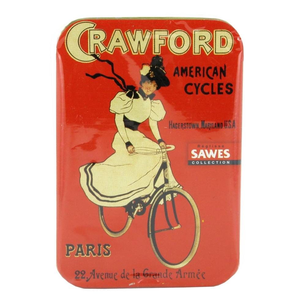 Boîte rectangulaire avec impression. Femme sur vélo. Texte: Crawford American Cycles, Sawes Collection.