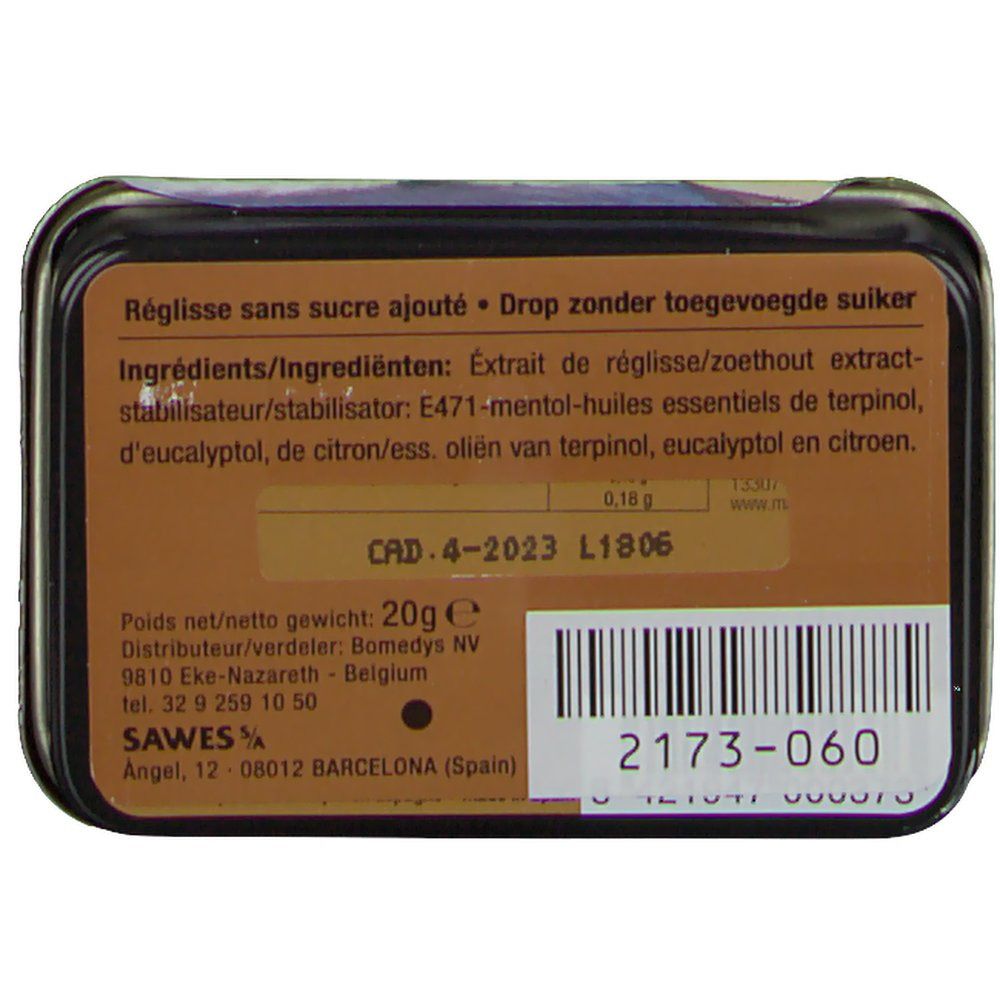 Dos d'une boîte rectangulaire. Texte: Réglisse sans sucre ajouté, ingrédients, poids 20g, Sawes, etc.