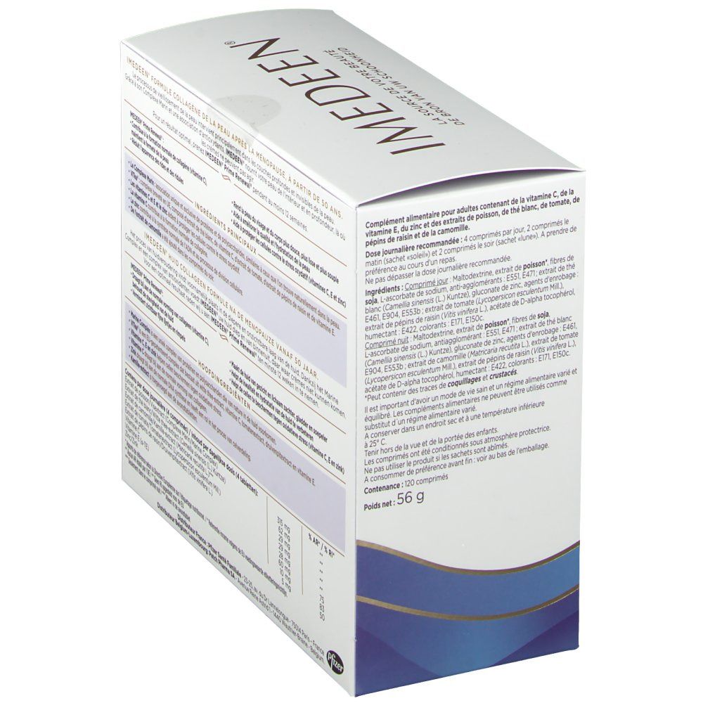 Schrägansicht der Produktverpackung. Text in mehreren Sprachen, Inhaltsstoffe und Nährwertangaben.