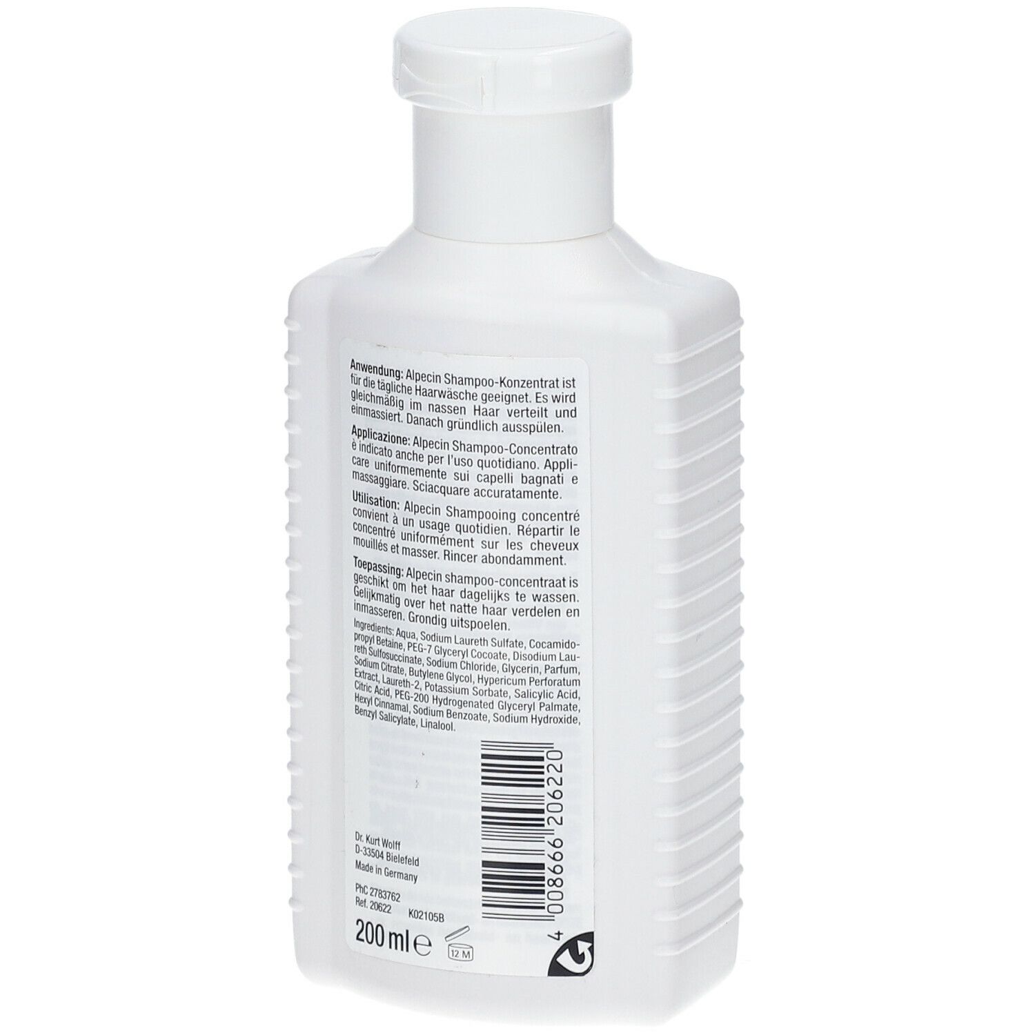 Dos du flacon blanc. Texte avec informations d'utilisation et ingrédients. 200 ml.