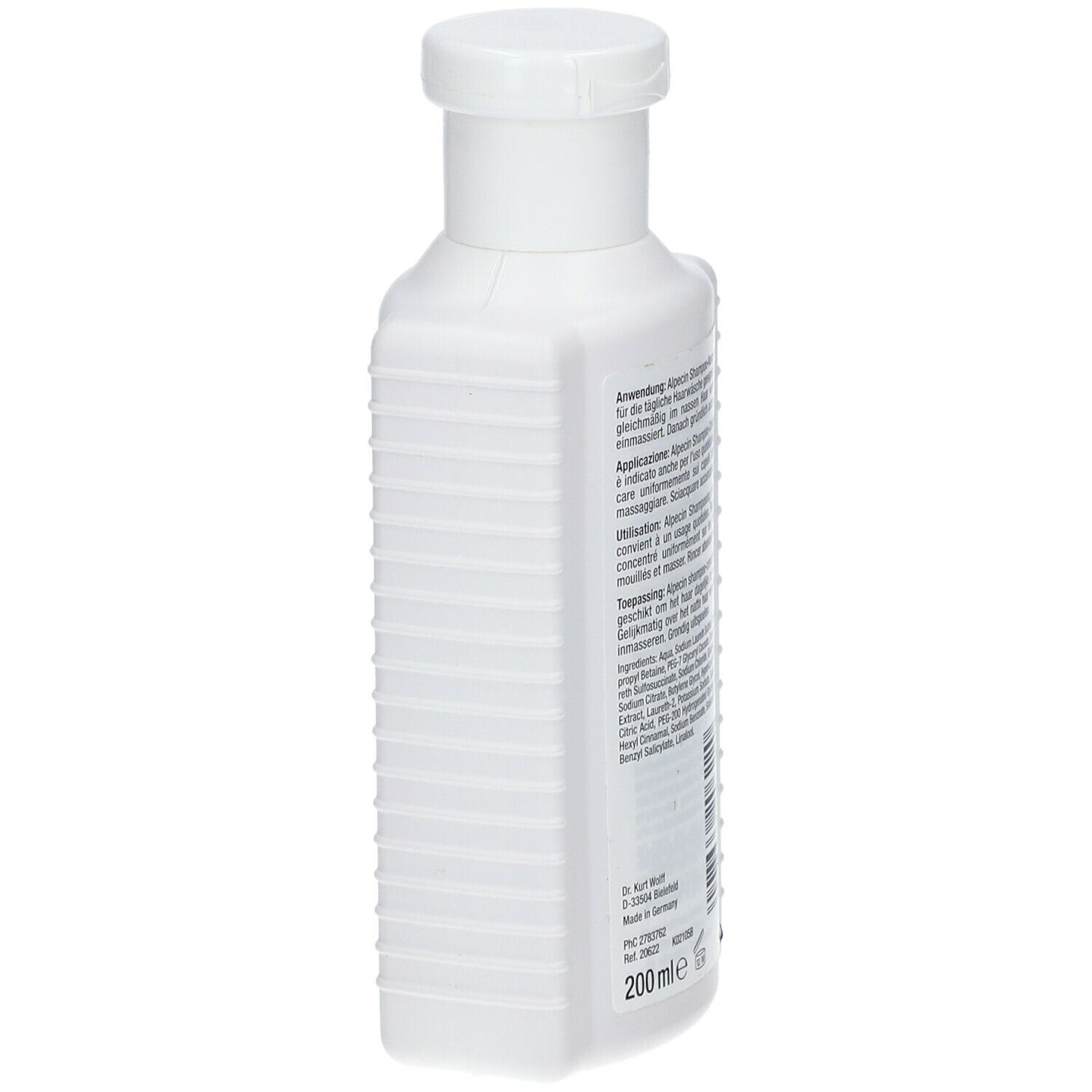 Dos du flacon blanc. Texte avec informations d'utilisation et ingrédients. 200 ml.