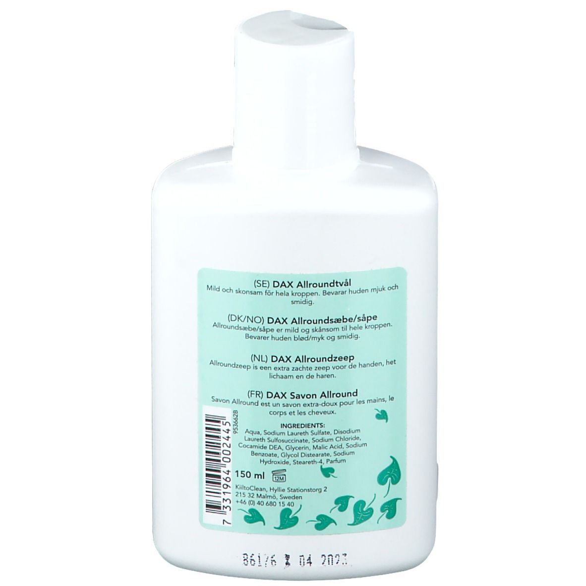 Dos du flacon DAX Allroundseife. Texte en plusieurs langues. Ingrédients et indication de volume : 150 ml.