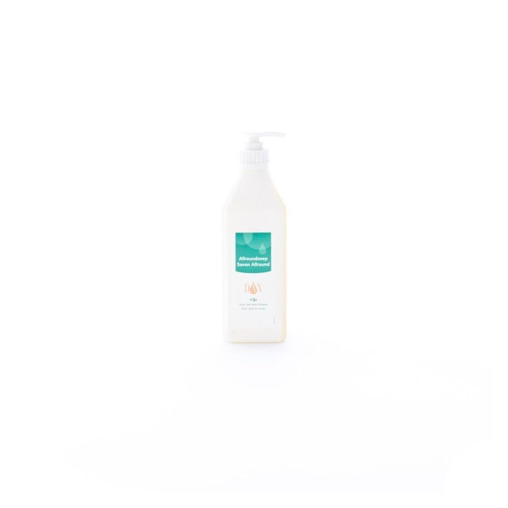 Witte zeepdispenser met pomp. Opschrift: Allroundzeep. Groen-wit etiket. Fles met vierkante basis.
