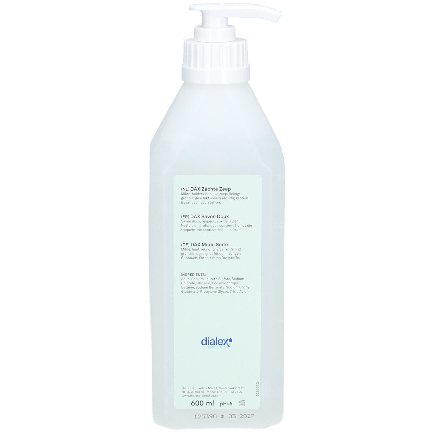 Dos du flacon pompe. Texte: DAX Zachte Zeep, Savon Doux, Milde Seife. Ingrédients. 600 ml. dialex.