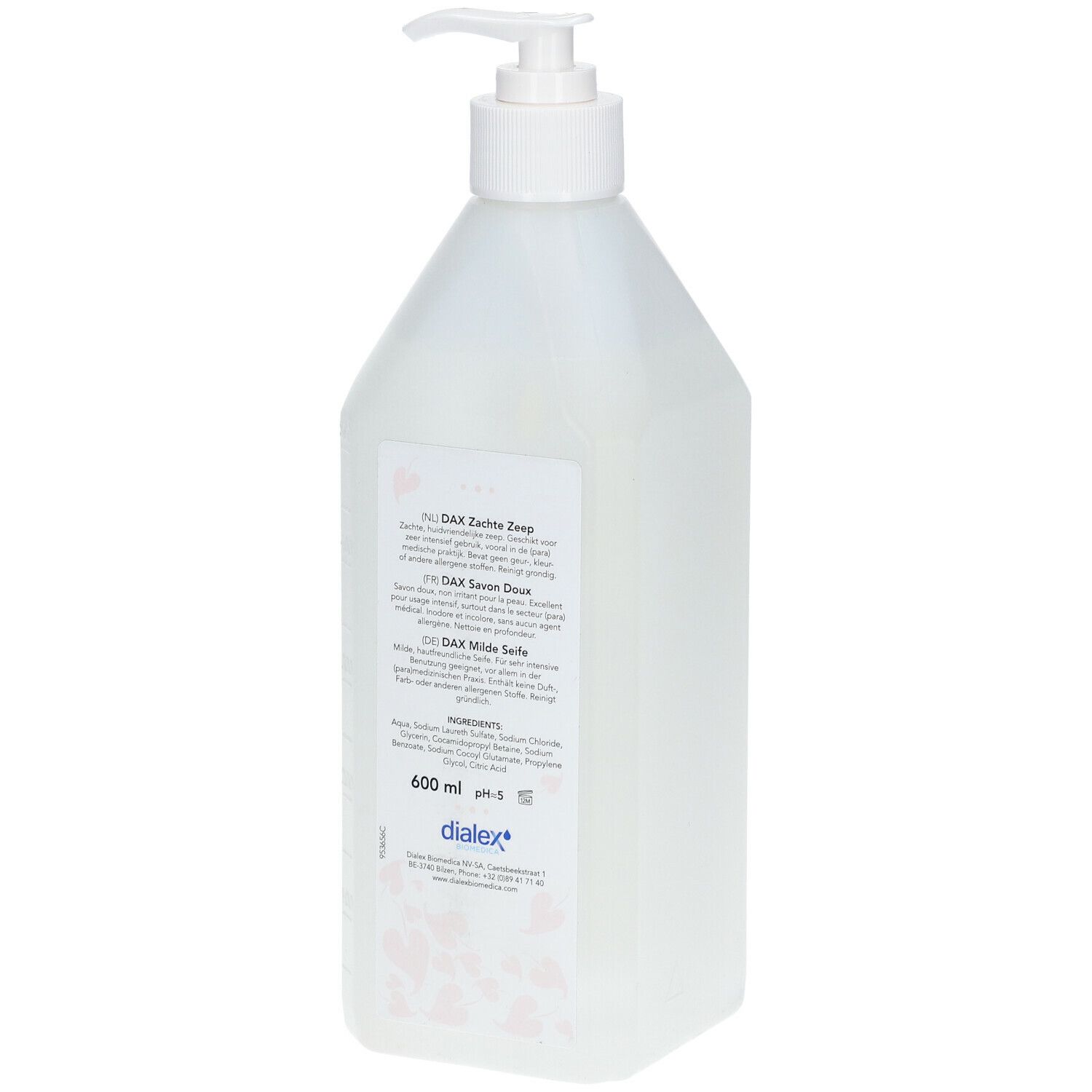 Flacon pompe. Texte: DAX Zachte Zeep, Savon Doux, Milde Seife. 600 ml. dialex. Motif floral rose.
