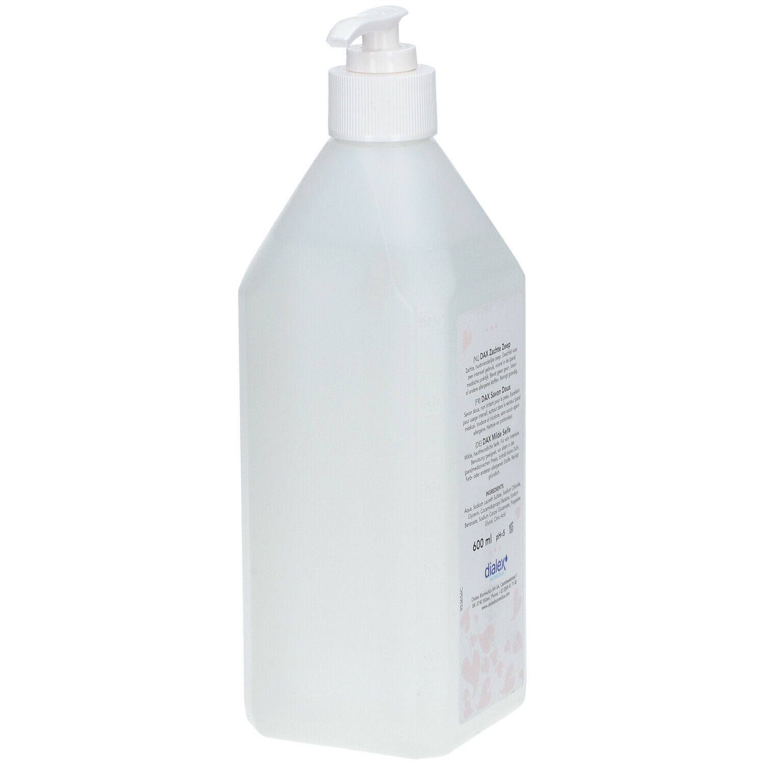 Flacon pompe. Texte: DAX Zachte Zeep, Savon Doux, Milde Seife. 600 ml. dialex. Motif floral rose.