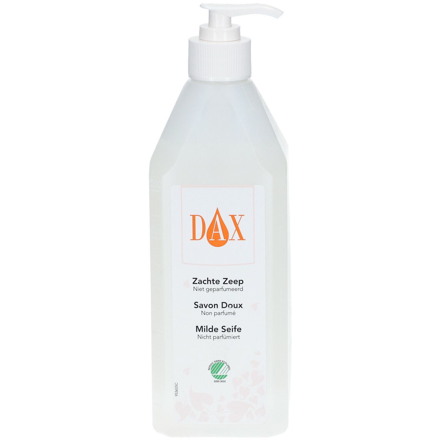 Flacon pompe DAX, Zachte Zeep, Savon Doux, Milde Seife. Non parfumé. Étiquette orange et blanche.