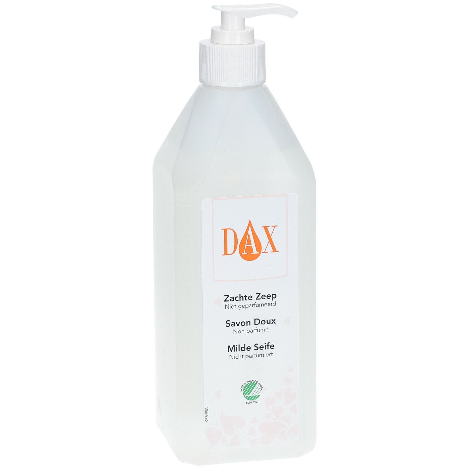 Flacon pompe DAX, Zachte Zeep, Savon Doux, Milde Seife. Non parfumé. Étiquette orange et blanche.