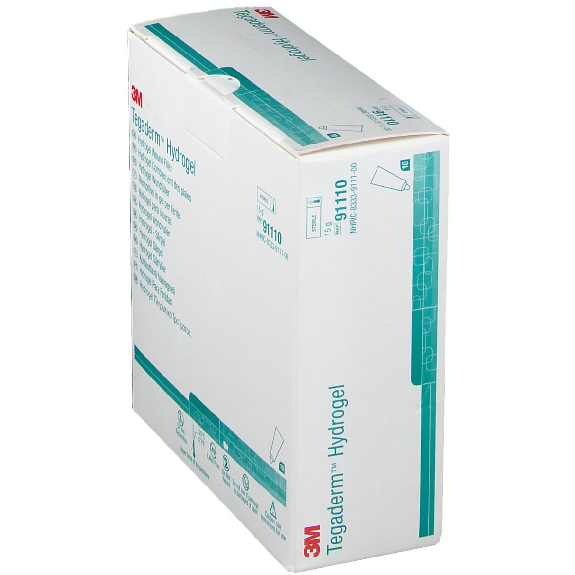 Schräg gestellte Verpackung von 3M Tegaderm Hydrogel. Aufschrift: Hydrogel. Mit grünen Akzenten und Produktinformationen.