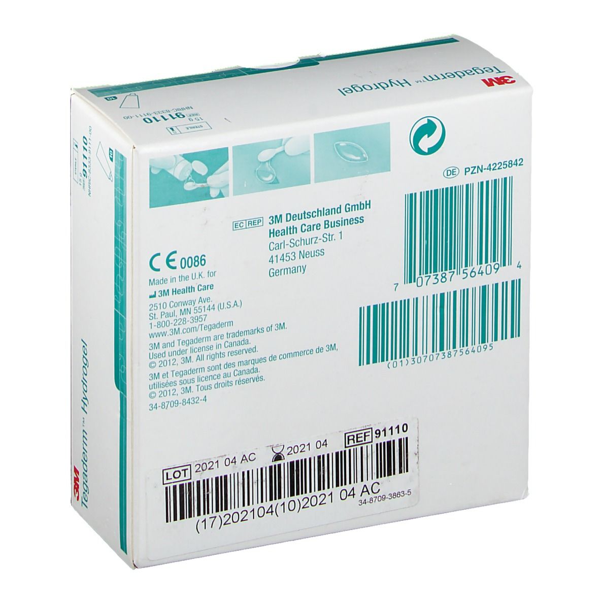 Rückseite der 3M Tegaderm Hydrogel Verpackung. Barcode, Herstelleradresse, Chargennummer und CE-Kennzeichnung.