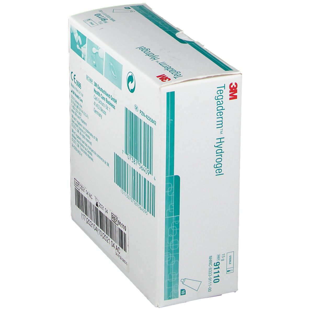 Schräg gestellte Verpackung von 3M Tegaderm Hydrogel. Barcode und CE-Kennzeichnung sind sichtbar.