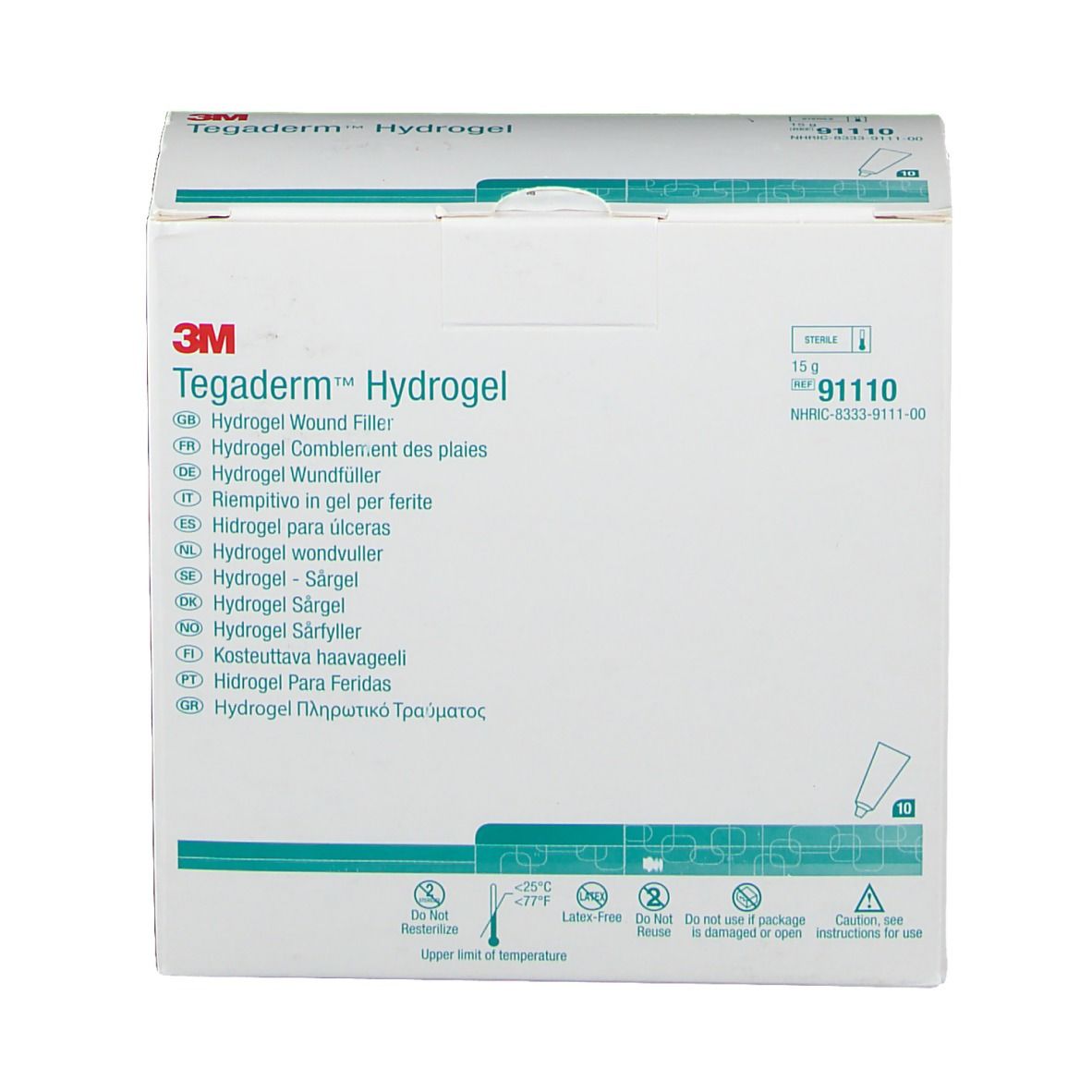 3M Tegaderm Hydrogel Verpackung. Aufschrift: Hydrogel Wundfüller. Enthält 15g. Mit 10 Applikatoren.