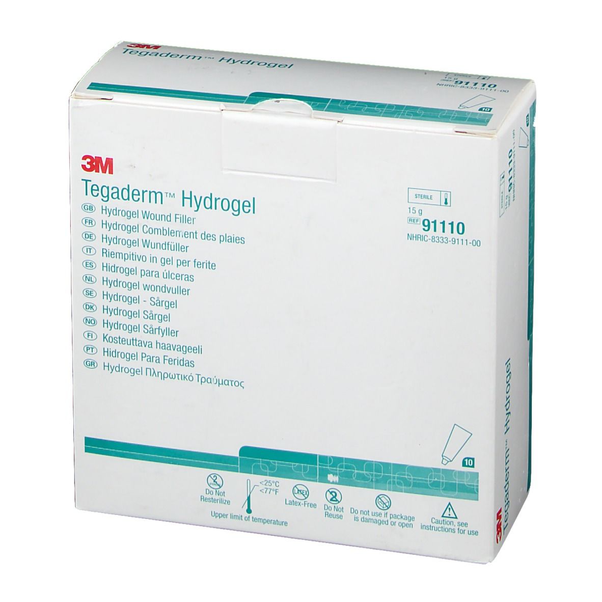 3M Tegaderm Hydrogel Verpackung. Aufschrift: Hydrogel Wundfüller. Enthält 15g. Mit 10 Applikatoren.