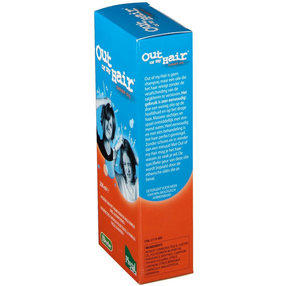 Productverpakking, blauw-oranje. Tekst in het Frans en Nederlands. Productnaam en logo.