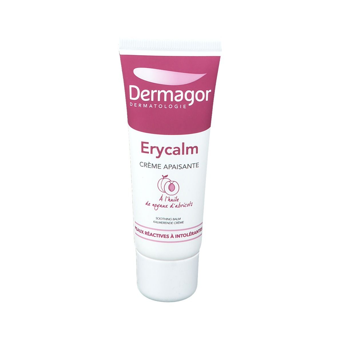 Tube de crème avec bouchon rose. Inscriptions: Dermagor, Erycalm, Crème Apaisante. À l'huile d'abricots. Peaux réactives.