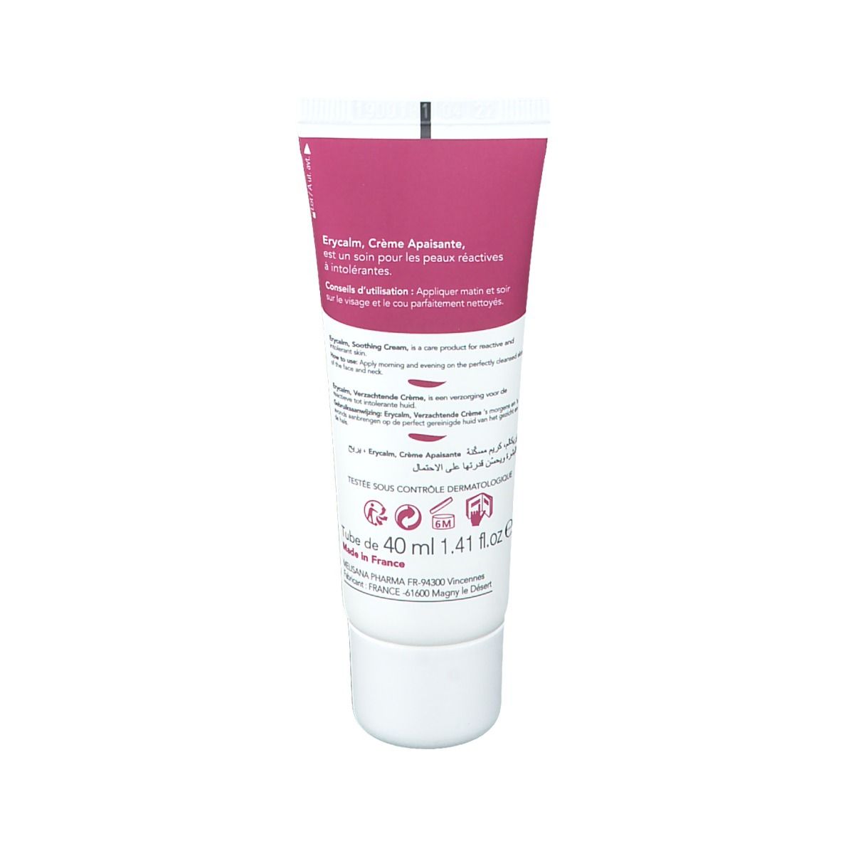 Dos du tube de crème. Texte: Erycalm, Crème Apaisante, pour peaux réactives. Conseils d'utilisation. 40 ml.