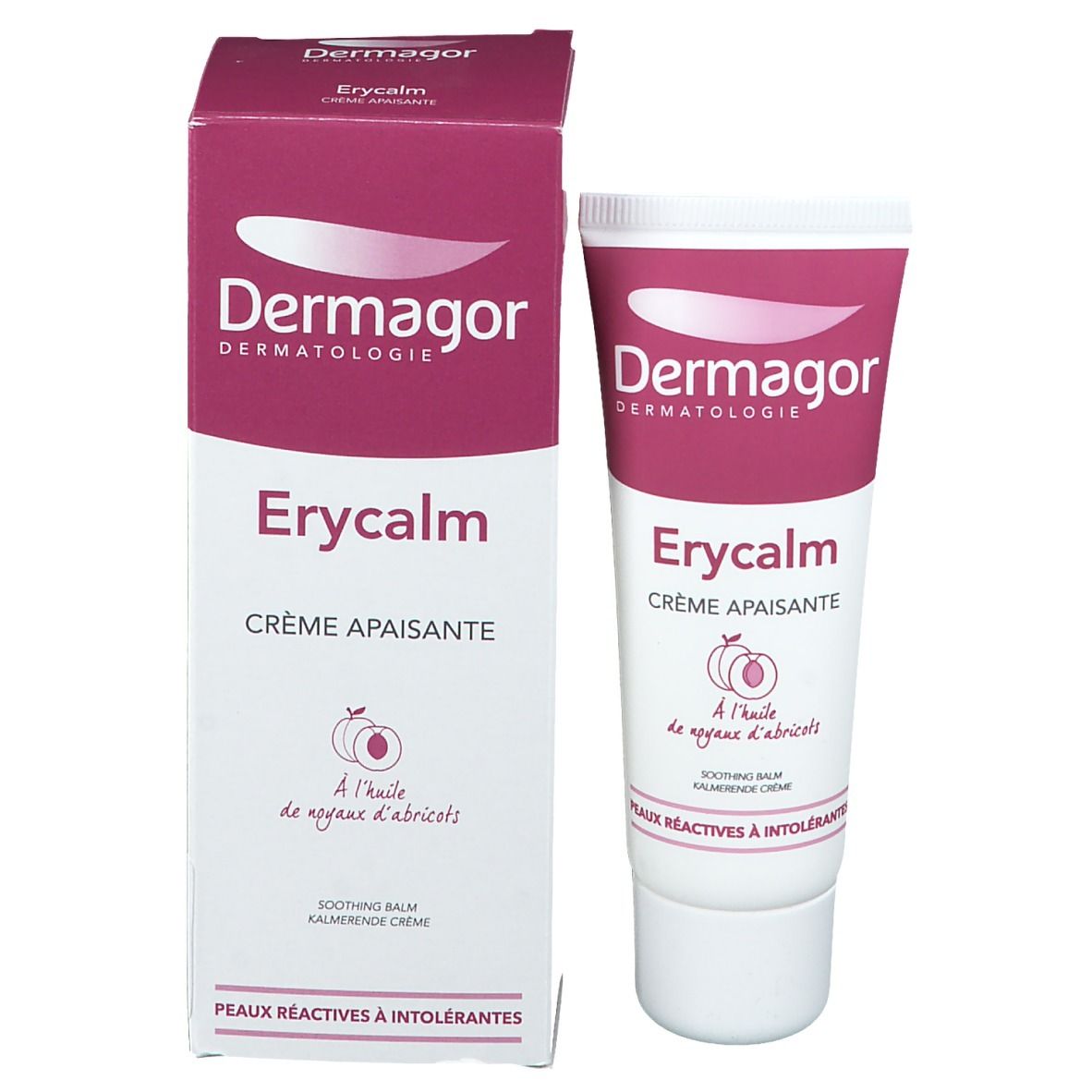 Emballage du produit: tube et boîte. Inscriptions: Dermagor, Erycalm, Crème Apaisante. À l'huile d'abricots. Peaux réactives.