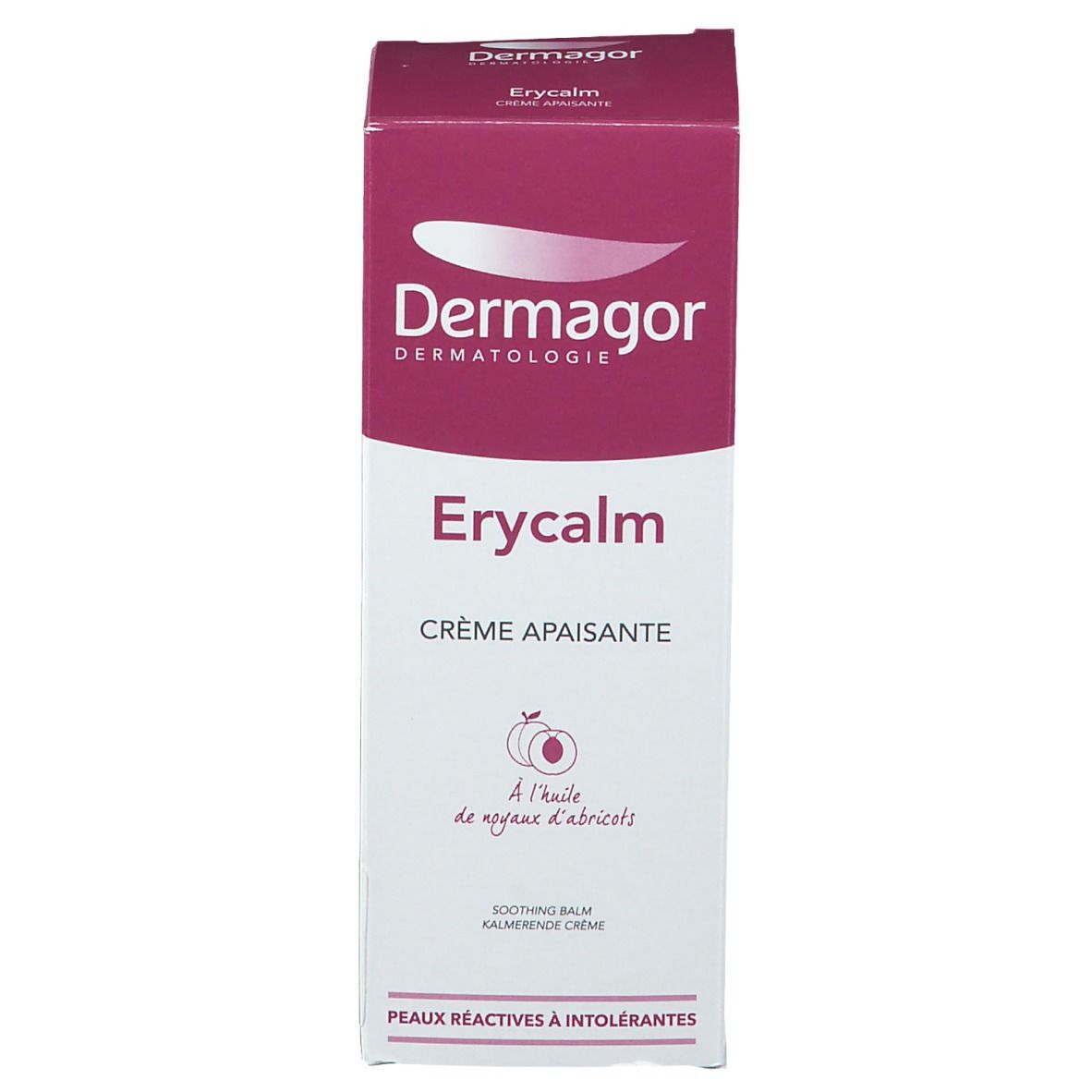 Boîte avec inscriptions: Dermagor, Erycalm, Crème Apaisante. À l'huile d'abricots. Peaux réactives.