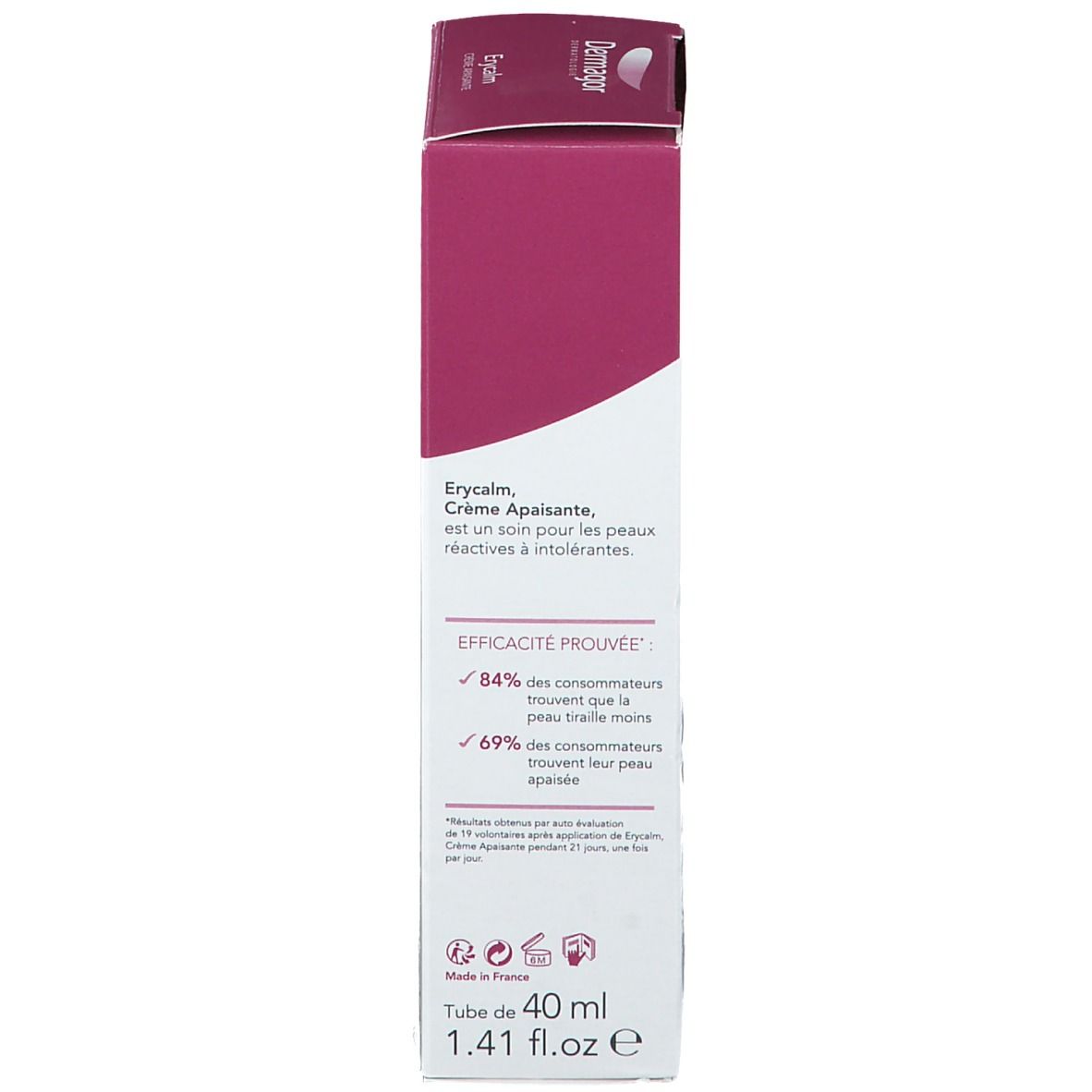 Boîte, côté avec texte: Erycalm, Crème Apaisante, pour peaux réactives. Efficacité prouvée. 40 ml.