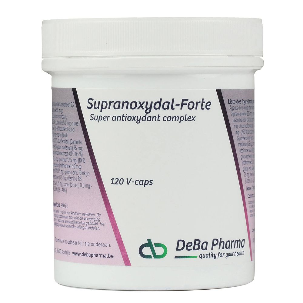 Witte pot Supranoxydal-Forte. 120 V-caps. DeBa Pharma logo. Ingrediënten en informatie.