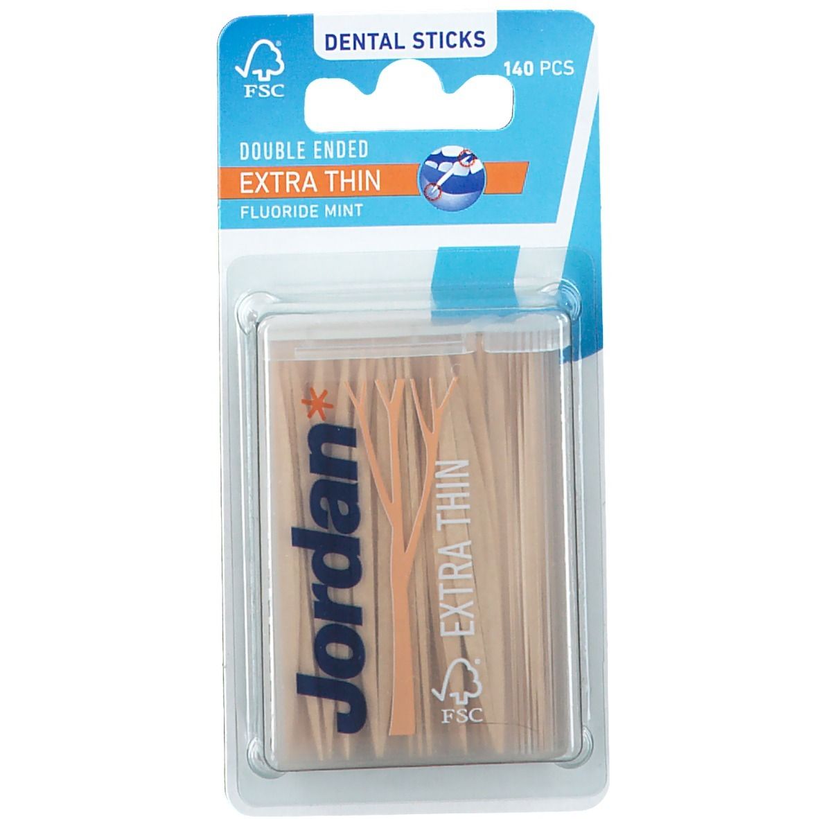 Paquet de cure-dents, 140 pièces. Cure-dents doubles, extra fins, menthe fluorée. Certification FSC.