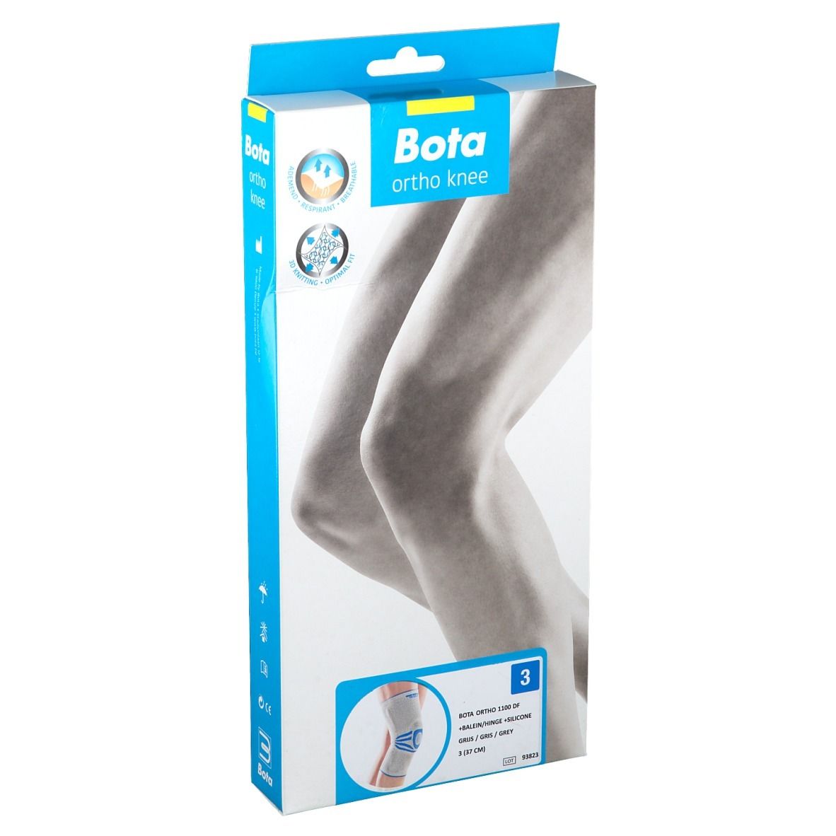 Blau-weiße Verpackung mit Bota ortho knee. Abbildung eines Knies. Aufdruck: Größe 3, Kniebandage.