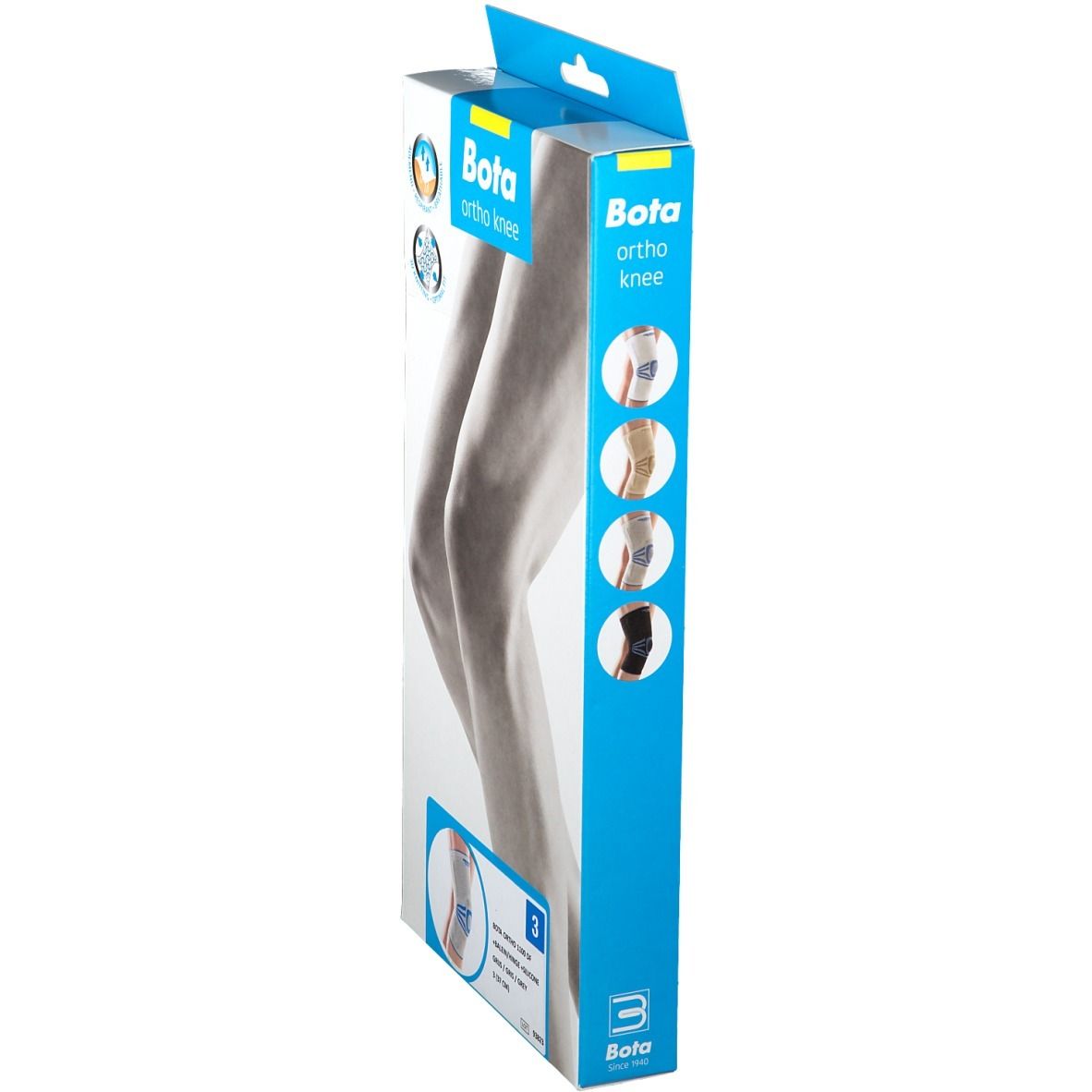 Blaue und weiße Verpackung mit Bota ortho knee. Seitenansicht. Abbildung eines Knies. Aufdruck: Größe 3.