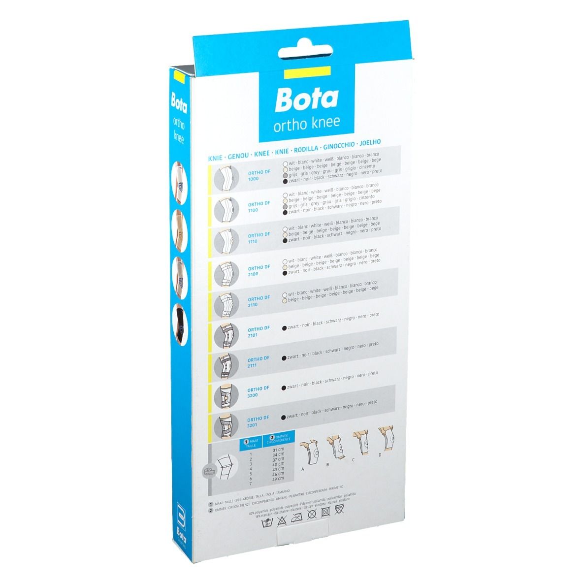 Rückseite der Verpackung mit Informationen zu Bota ortho knee. Diagramme und Text in verschiedenen Sprachen.
