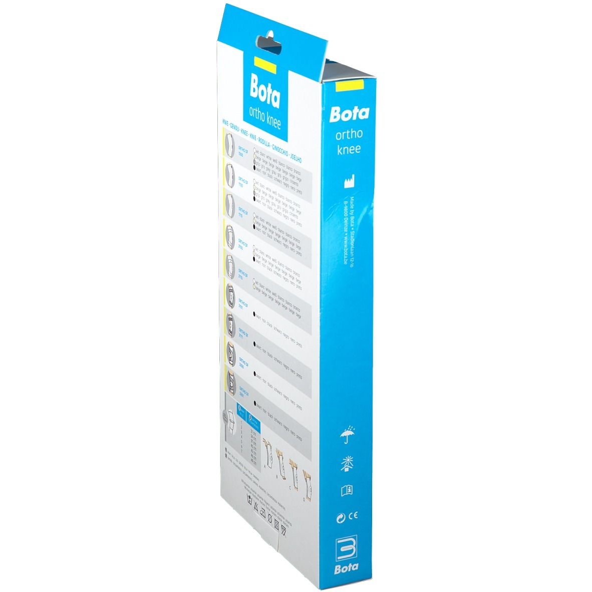 Seitenansicht der Verpackung mit Informationen zu Bota ortho knee. Diagramme und Text in verschiedenen Sprachen.