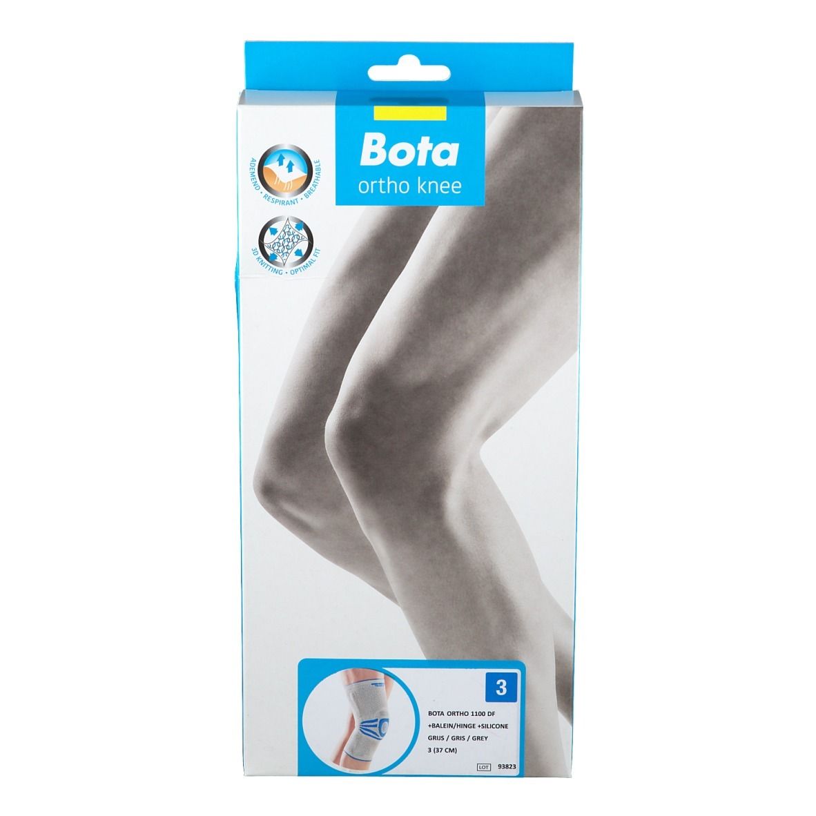 Blau-weiße Verpackung mit Bota ortho knee. Abbildung eines Knies. Aufdruck: Größe 3, Kniebandage.