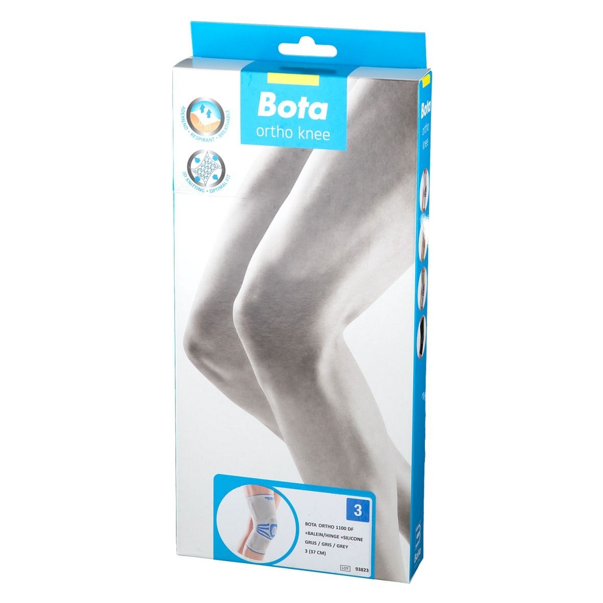 Blau-weiße Verpackung mit Bota ortho knee. Abbildung eines Knies. Aufdruck: Größe 3, Kniebandage.