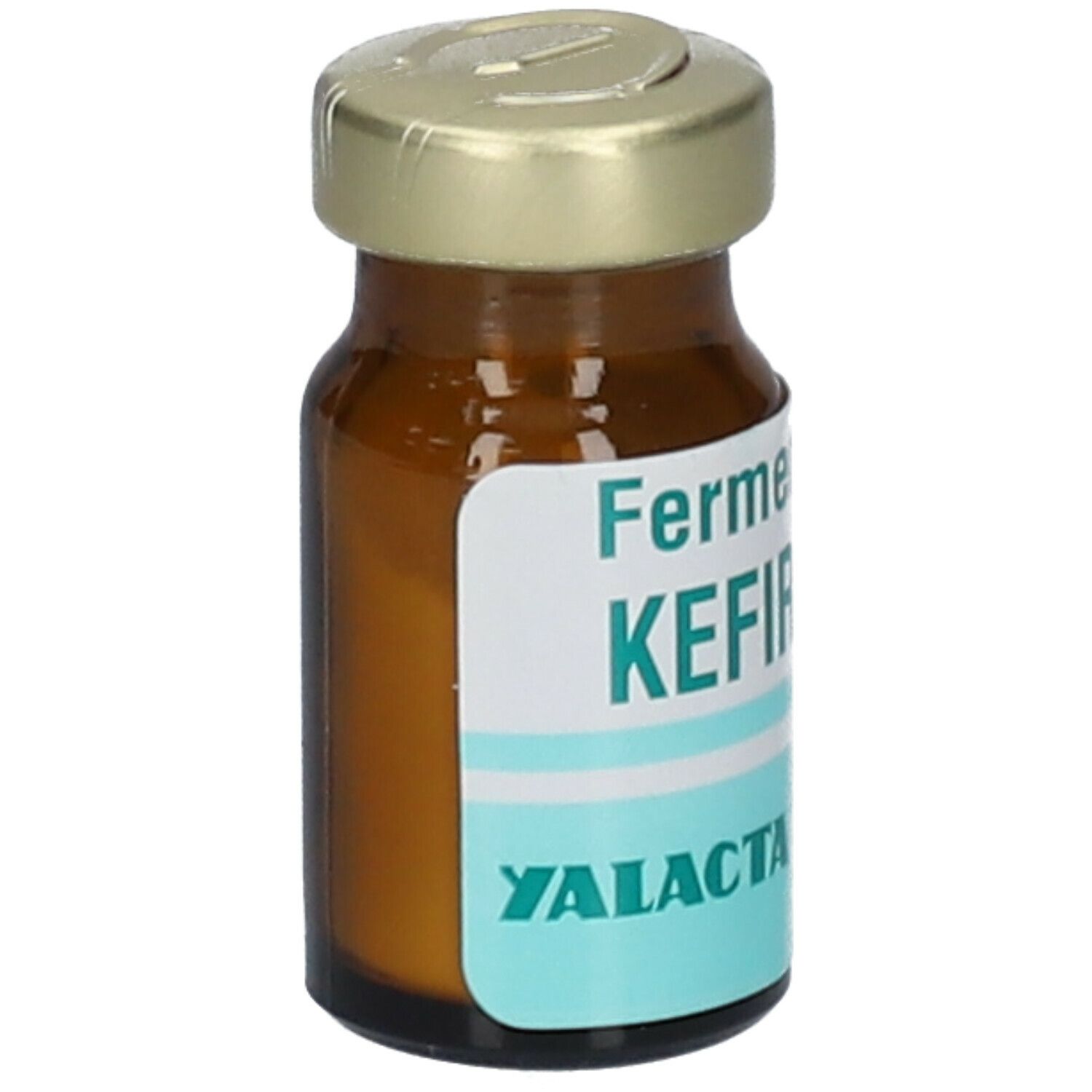 Flacon en verre brun avec étiquette 'Ferment pour KEFIR' et 'YALACTA'.