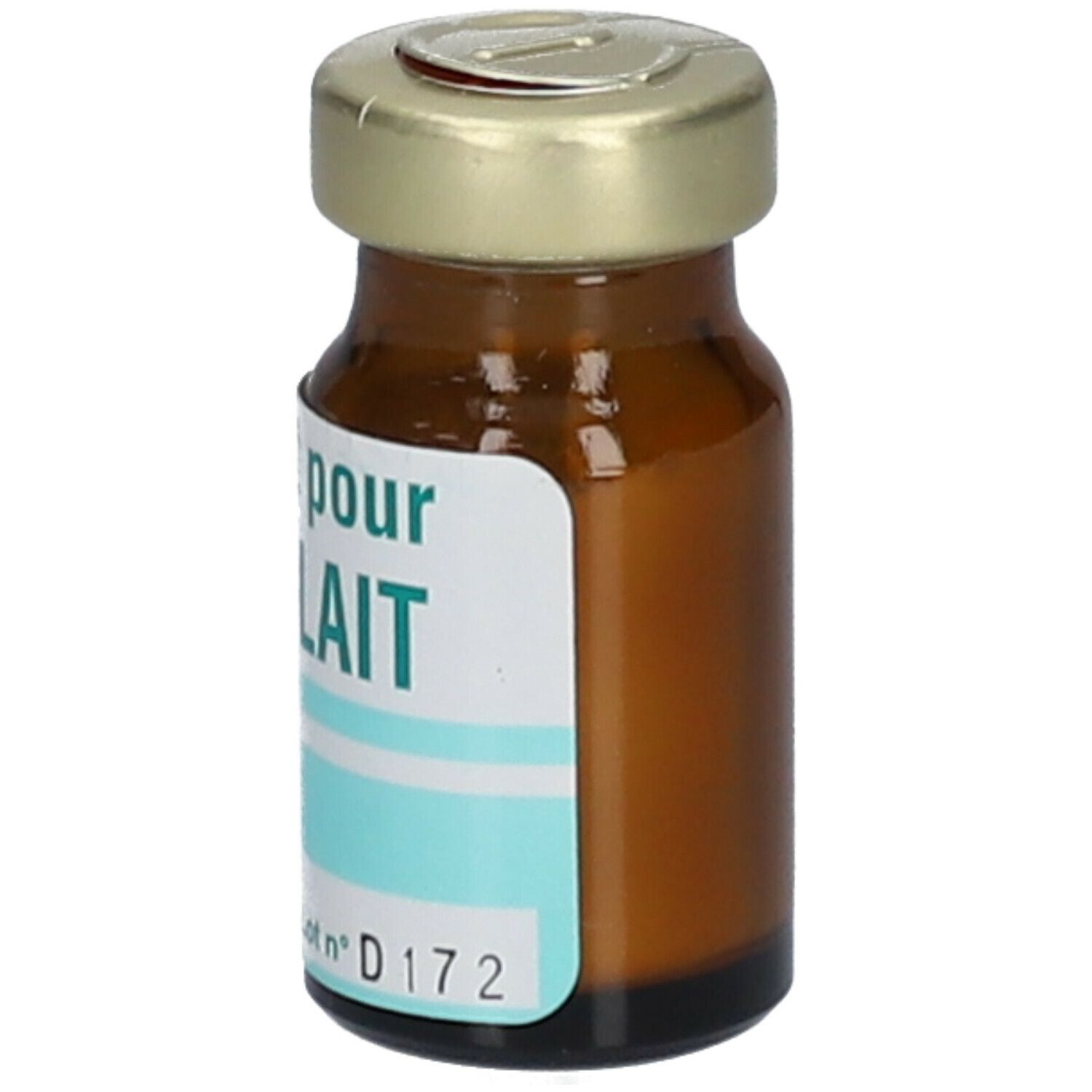 Flacon en verre brun avec étiquette 'pour LAIT' et numéro de lot D172.